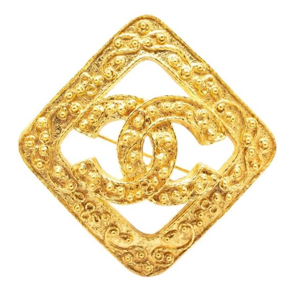 CHANEL CC Logo Rhombus Vintage Brooch Gold Tone Pin 94A Auth - Picture 2 of 5